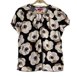 Beyond Scrubs Womens XL Floral Poppy Print Scrub Top Black Beige Cotton 2250PR